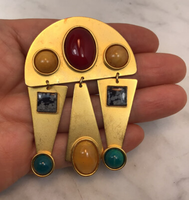 Vintage GALE ROTHSTEIN II Gold Tone Colorful Stone Dangling Pin Brooch Modernist