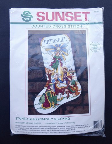 1993 Sunset Christmas Stocking Counted Cross Stitch Kit Stained Glass Nativity
