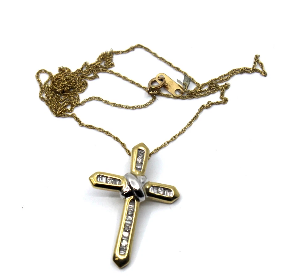 Collar Colgante Cruz Diamante Baguette Oro Amarillo Sólido 10k 18" pulgadas Largo Foto 3 de 4