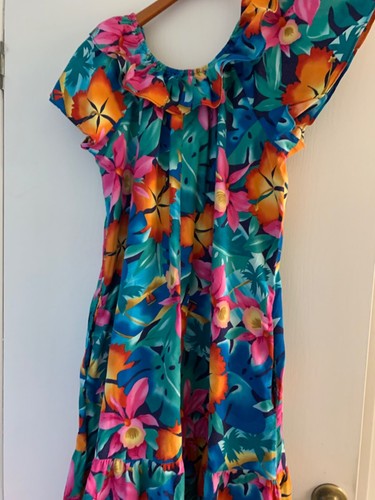 VINTAGE HILO HATTIE WOMENS XL HAWAIIAN SHORT SLEEVE ROUND RUFFLE MUUMUU DRESS - Picture 5 of 5