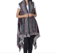Multicolor Chevron Pattern Kimono with Fringes Black