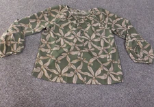 Loft top small green floral pullover button womens coastal casual polyester