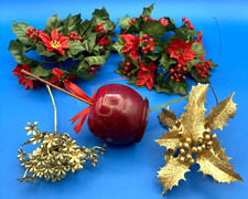 Mixed Lot Christmas Decor Holiday Crafts Artificial Poinsettias Apple Holly