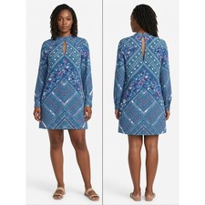 Express Blue Geometric Keyhole Cutout Long Sleeve Shift Dress Women Size L