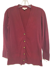 LOFT Women's Cardigan Sweater Maroon Burgundy V-Neck Button Front Classic Sz S