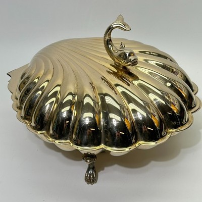 Vintage Eton Dolphin Fish Handle Clam Shell Gold Tone Bun Serving Dish Warmer