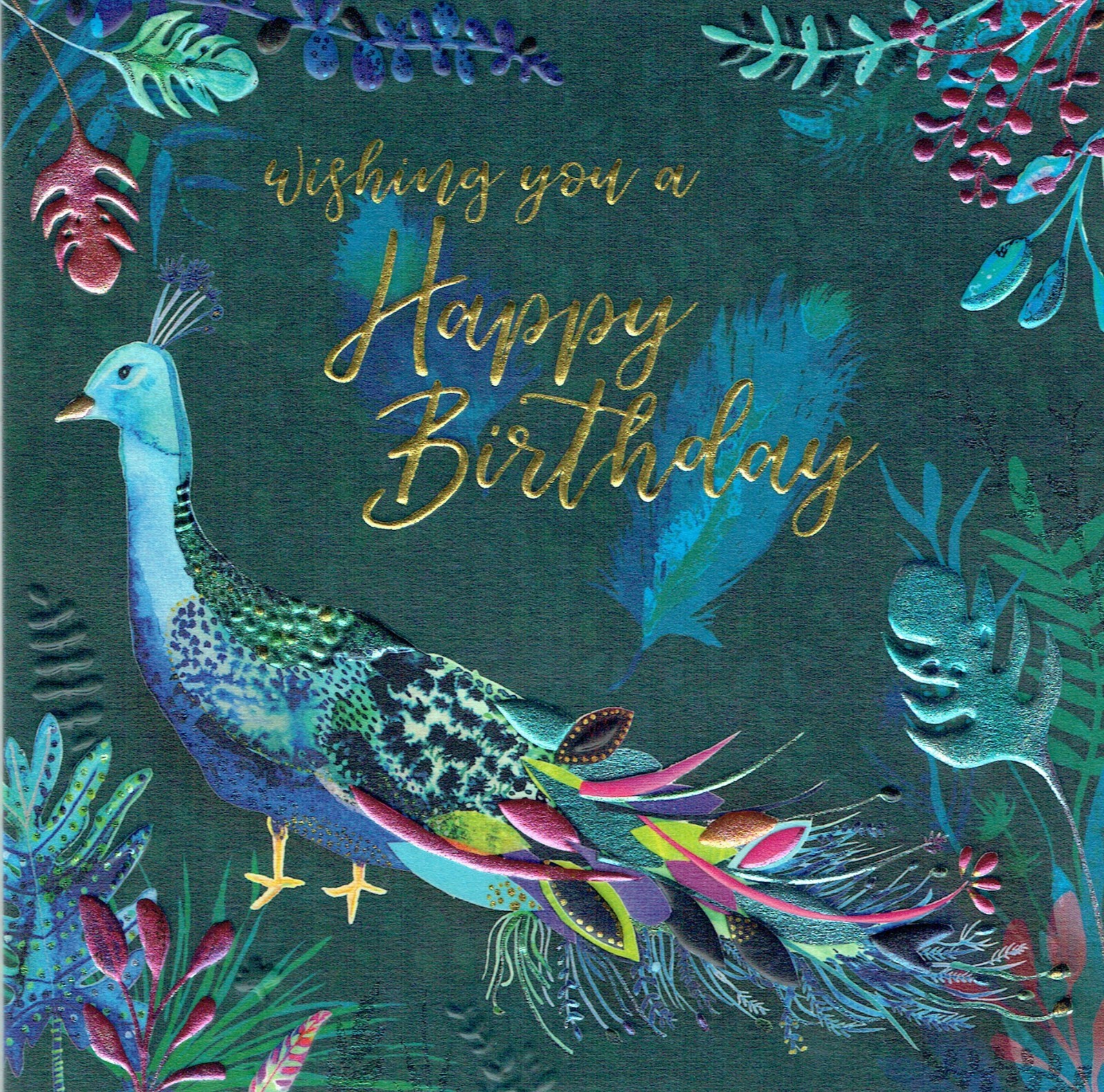 BIRTHDAY CARD Quality embossed Peacock design card size 160x160mm