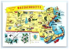 Postcard Map Massachusetts Greetings Chickadee Arbutus Points of Interest UNP