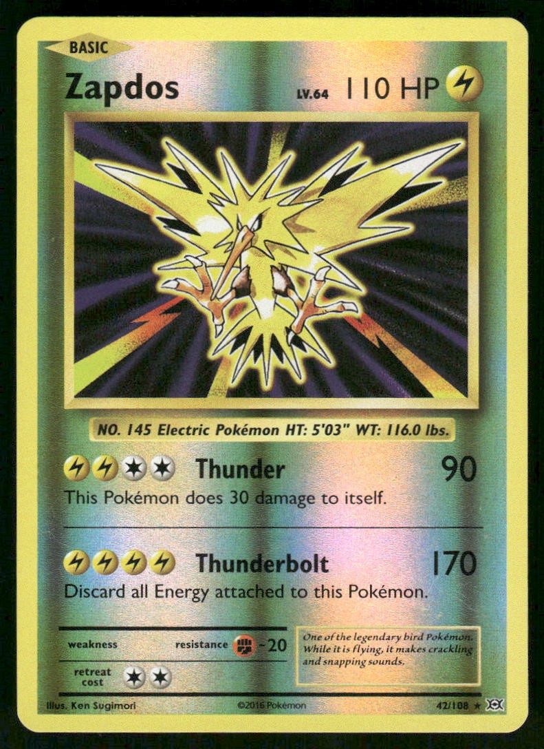Zapdos 42/108 Holo Rare Reverse Holo NM Pokemon XY - Evolutions