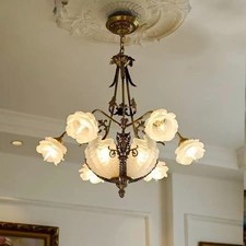 Luxury French Vintage Rose Chandelier Victorian Brass Floral Glass Ceiling Light
