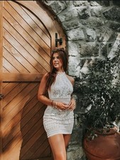 Prettylittlething White & Beige Luxurious Guipure Lace Short Dress Size XS