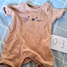 M&S Baby Romper Ribbed Beige Short Sleeve Animal Face Print 0-3 Months
