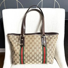Gucci authentic Sherry Line open tote bag monogram brown canvas ribbon accents