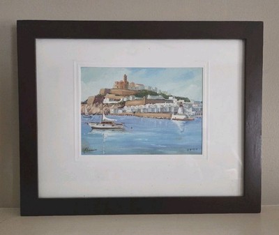 Original Watercolor Painting Ibiza Harbor Spain Mediterranean Coast Art Signed 