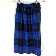 Vintage 100 Wool Pleated A Line Button Side Skirt Blue 3/4 W22 Tartan Check USA
