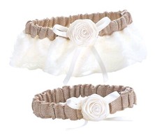 DAVID TUTERA BURLAP GARTER SET 2 Satin  Lace w/ BOWS  RIBBON ROSES New Boxed