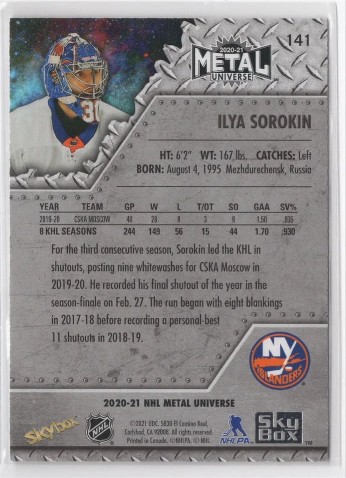 2020-21 Skybox Metal Universe Ilya Sorokin Rookie New York Islanders #141 - Image 2 of 2