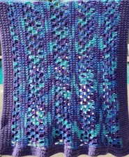 Vintage Handmade Blanket Afghan Soft Purple White Turq Lap Throw Apprx 56" x 28"