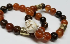 BUDDHA HEAD BEADED STRETCH BRACELET SET of (2) Brown Amber Charm Good Luck NEW 