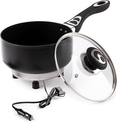 Zone Tech 12 Volt SaucePan with Glass Lid 2 Qaurt Portable Non-Stick Travel Pot