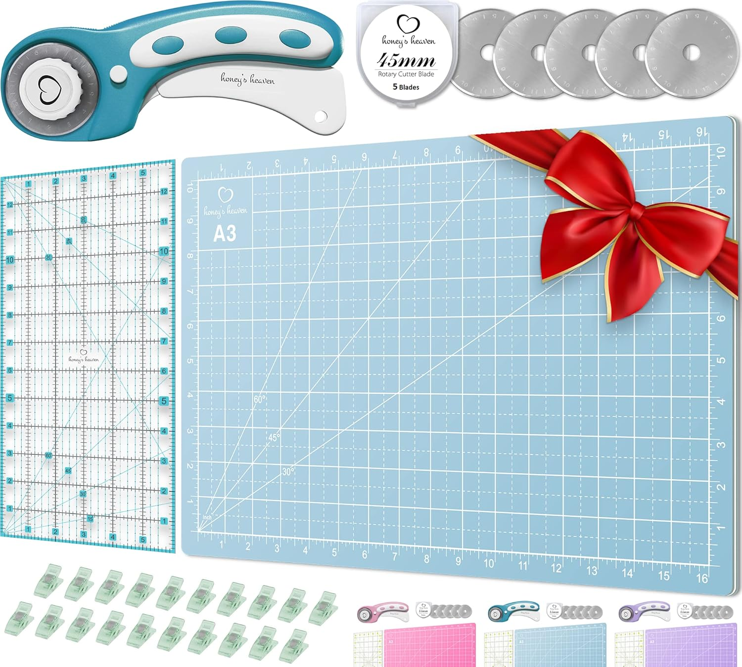 Turquoise Rotary Cutter Set with 45mm Fabric Cutter and 5 Replacement Blades for Quilting