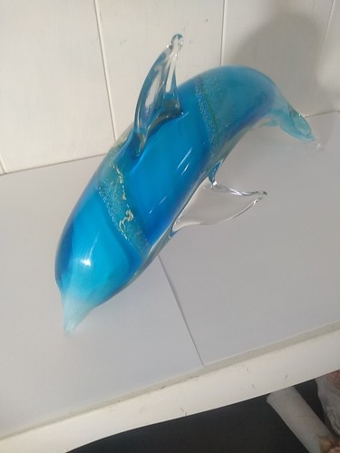 Large Art Glass Blue Swirl Dolphin Sculpture Figurine 11" Long - Picture 11 of 11