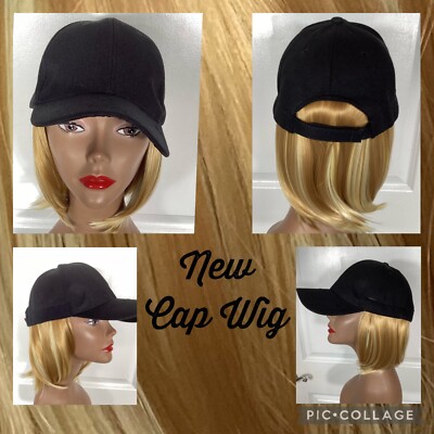 NEW!  Blonde Bob Wig Attached To Black Baseball Cap For Bad Hair Day Or Beach