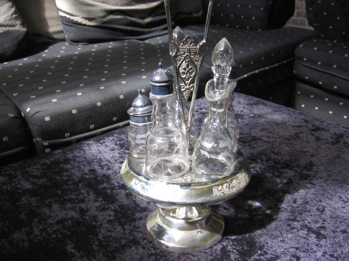 Antique Silver Plated Stand Glass Bottle Piece Condiment