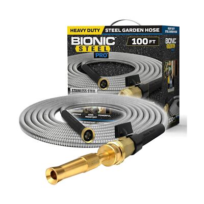 Bionic Steel PRO Metal Garden Hose 100 Ft with Nozzle, 304 Stainless Steel Wa...
