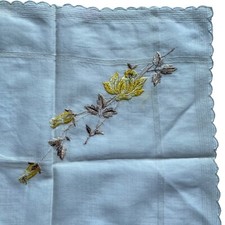 Handkerchief White 12.5x13 Hankie Embroidered Yellow Brown Flowers Floral