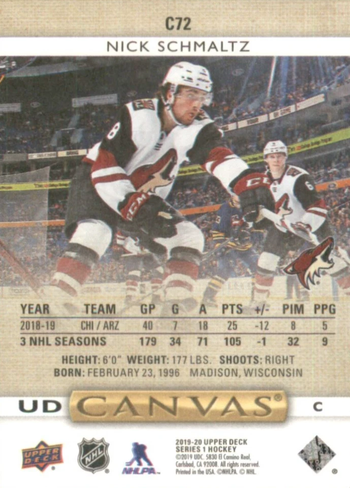 Nick Schmaltz 2019-20 Upper Deck Hockey UD Canvas #C72-Arizona Coyotes - Image 2 of 2