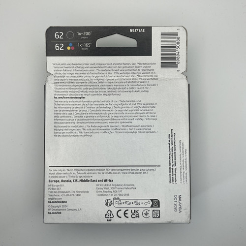 Oryginalny pakiet zbiorczy HP 62 - Pełny zestaw 2 wkładów atramentowych - N9J71AE - EXP OCT 2026 - Zdjęcie 2 z 4
