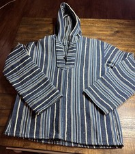 Baja Hoodie Pullover Mens S-M Blue Stripe Mexican Jerga Drug Rug no tags Hippie