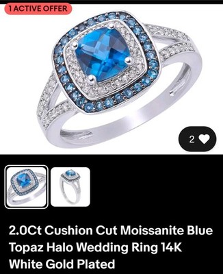 2.0CT Cushion Cut Blue Moissanite Topaz Halo Wedding Ring White Gold Plated