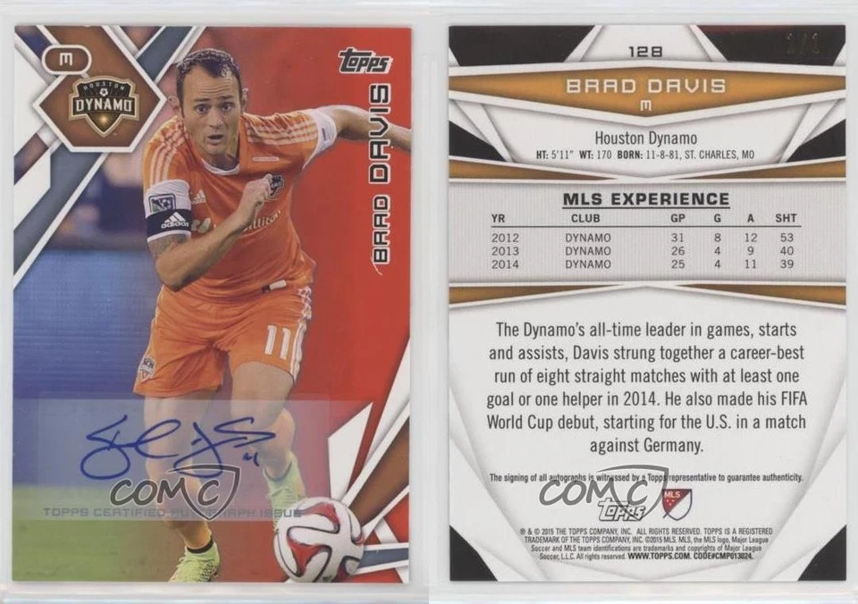 2015 Topps MLS Red Auto 1/1 Brad Davis #128 Auto 2k3 - Image 3 of 3