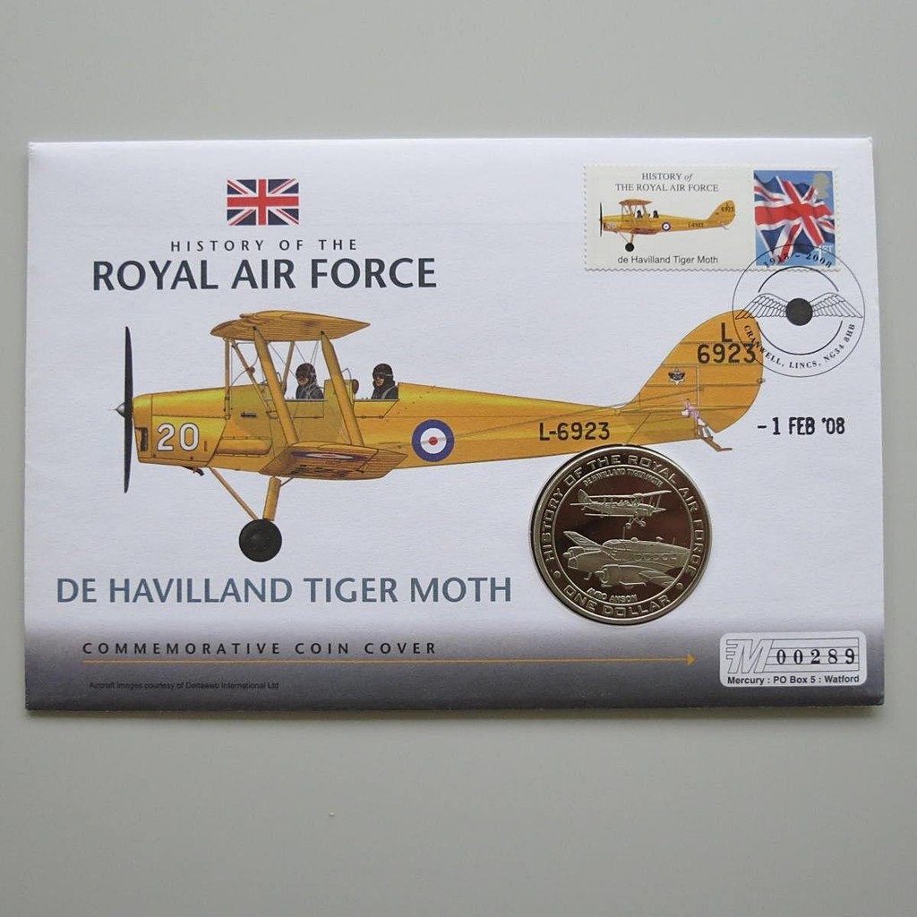2008 History of the RAF De Havilland Tiger Moth Aircraft 1 Dollar Coin Cover - UK PNC First Day Covers - Royal Air Force