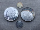 Morgan Silver Dollar Lot Of 2 - Proof-like & Rainbow Toned Crescent + Toned Dime