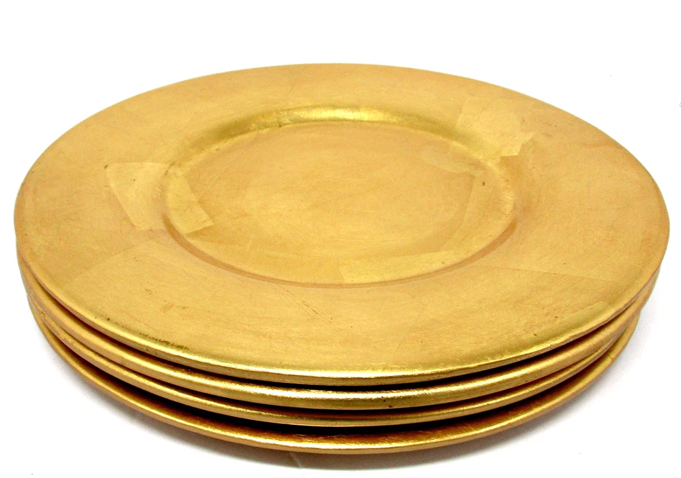 Vintage 4 Pottery Pier 1 Imports Gold Leaf Heavy Charger Plates Lot 13" Holiday - Image 2 of 4