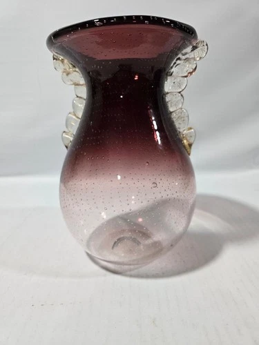 Murano Barovier & Toso Purple Glass Vase Bubble Gold Handles Art Glass   MCM