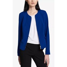 Calvin Klein Royal Blue Collarless Crepe Zip Front Jacket Blazer Size 8 p