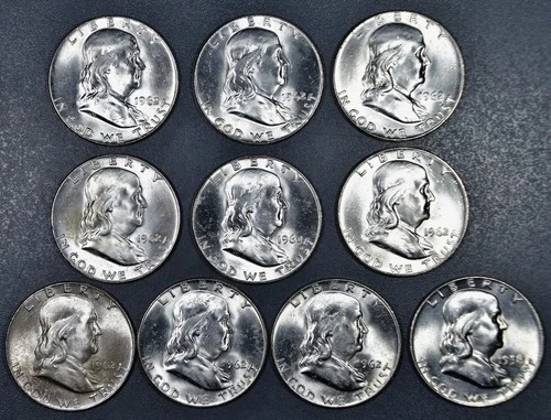 1958-D(1) 1962-D(9) 50C FRANKLIN SILVER HALF DOLLARS Lot of 10 UNC KM#199 A6234