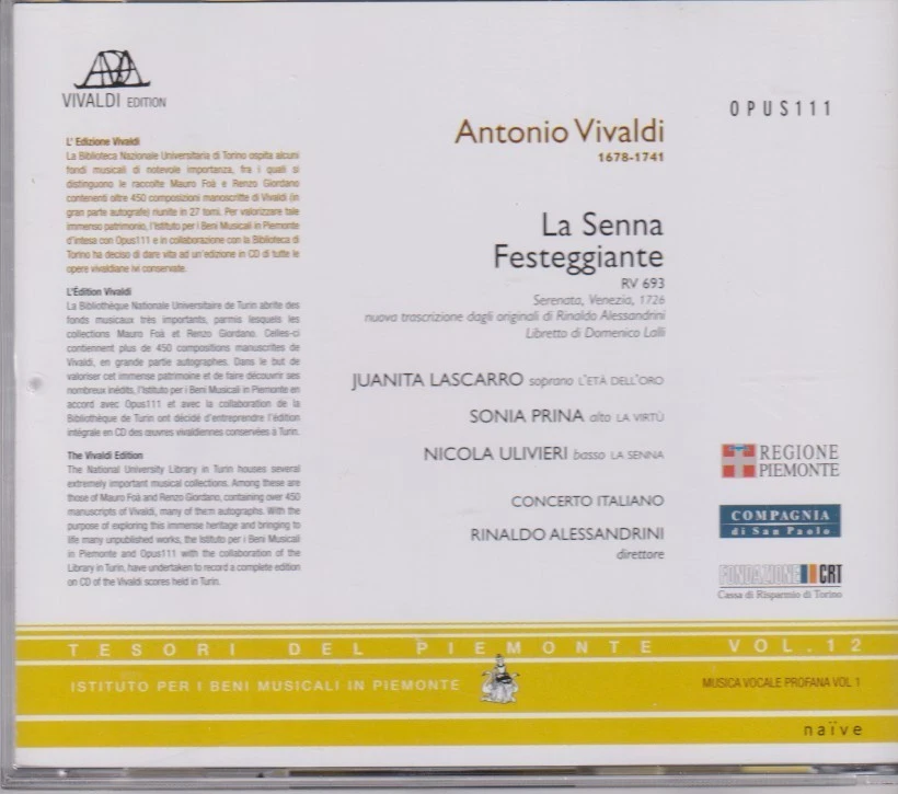 CONCERTO ITALIANO ALESSANDRINI - Vivaldi La Senna Festeggiante - Opus111 CD 2001 - Bild 2 von 2