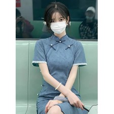 Blue Long Cheongsam Dress High End Students Qipao Dress Women Daily Wear CH-107