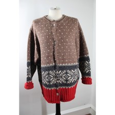 Vtg 90s Eddie Bauer L Brown Red Wool Alpaca Cardigan Sweater Snowflake Fair Isle