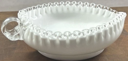 Vintage Fenton Milk Glass Silver Crest Ruffled Heart Shaped Candy Dish Bowl