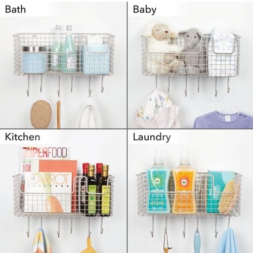 Wall Mounted Metal Key Rack with Storage Basket Hall Kitchen Organiser Silver - Picture 3 of 5