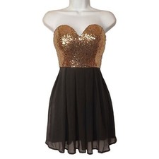 NEW WINDSOR Gold Metallic Sequin Strapless Black Mini Party Dress Medium