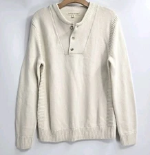 Hope & Henry Mens' Henley Sweater Cream Organic Cotton Rib Knit Detail Medium 