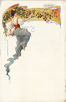PC ARTIST SIGNED, LYON, LADY WITH FLOWERS AND FRUITS, Vintage Postcard (b50839)