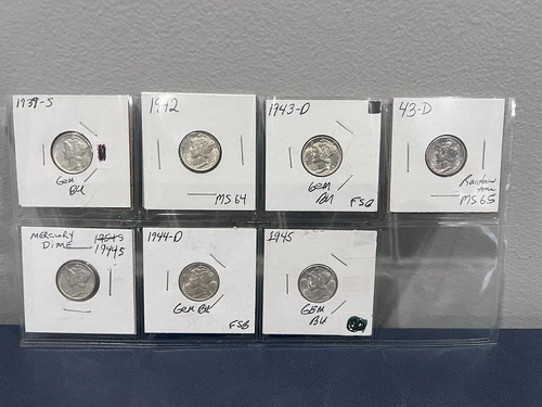 Lot of 7 Mercury Dime BU 1939-S 1942 1942-D 1943-D 1944-D 1944-S 1945 (BE)